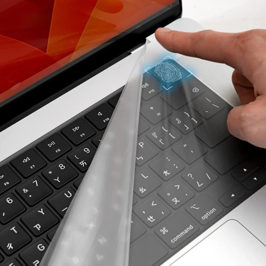 Universal laptop cover film covering keyboard area, dark gray translucent, finger pressing keys