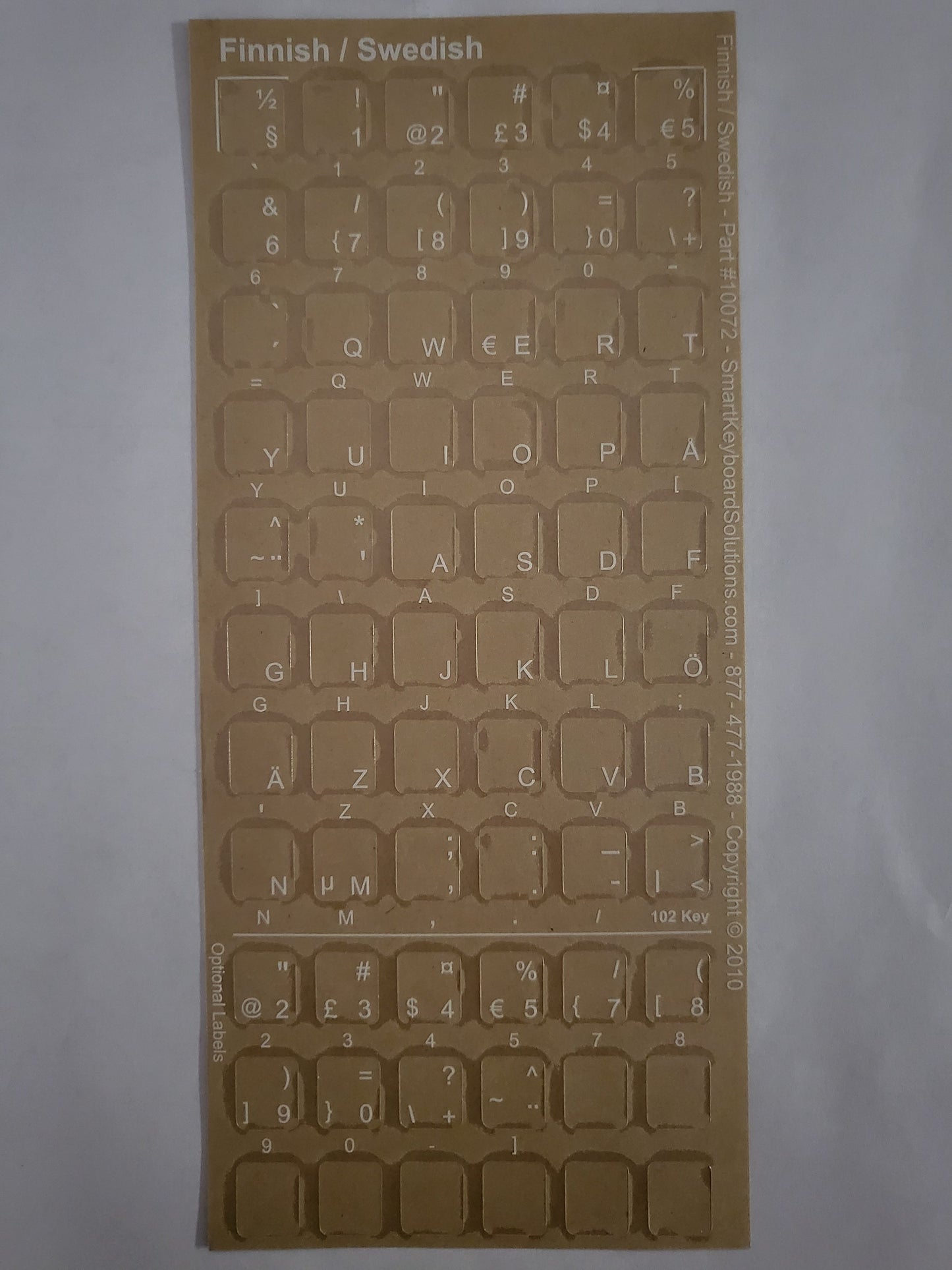Finnish/Swedish keyboard label sheet with clear keys and light lettering
