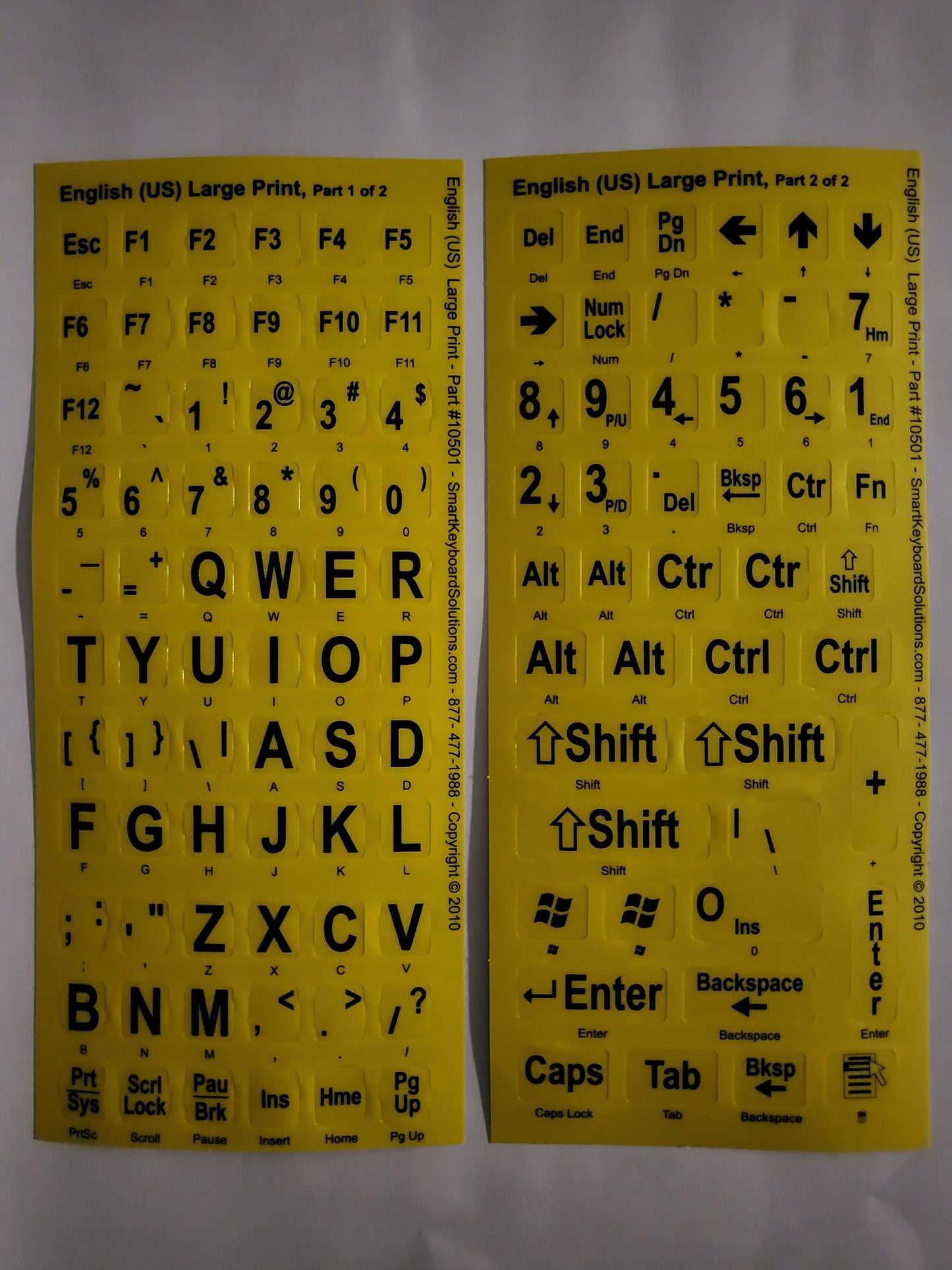US English large-print keyboard labels, black text on yellow key layout sheets
