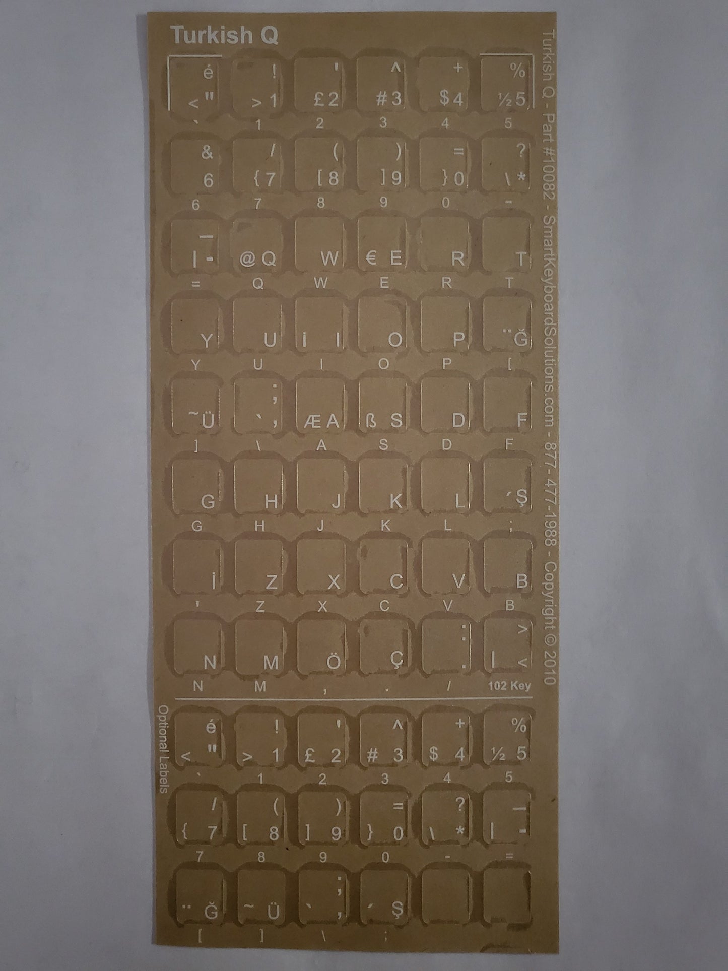 Turkish keyboard label sheet with clear film and white-letter key legends