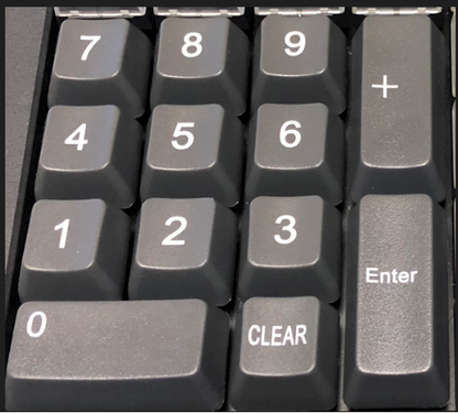 Genovation numeric keycap set with 0–9, CLEAR, Enter, and + keys, clear legends