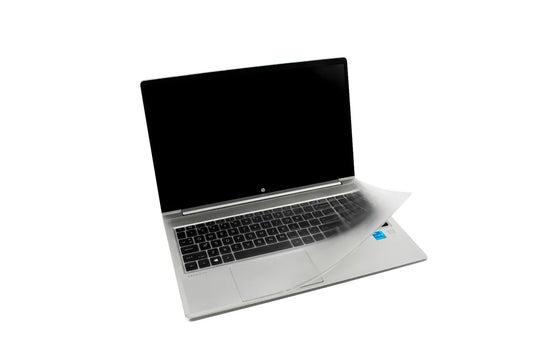 HP laptop cover with open display and visible laptop, dark screen