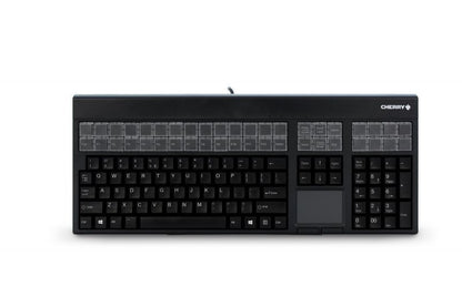Dark keyboard cover with CHERRY logo and full key layout, black keycaps and labels