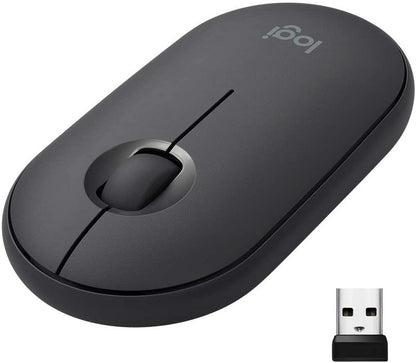 Dark oval mouse cover with central thumb button and top sensor
