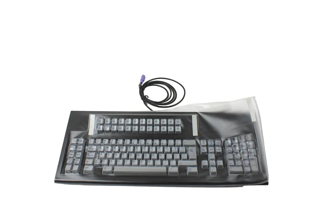 Keyboard cover with dark base, gray keycap area, and connected coiled cable
