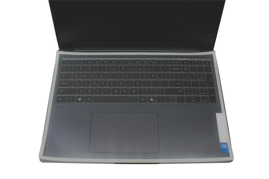 Dell Pro 3 laptop cover, translucent gray full cover on open laptop with centered trackpad