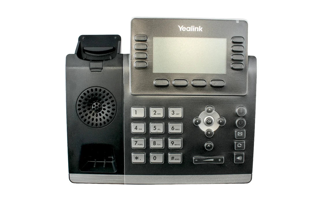 Desk VoIP phone with keypad, speaker, and monochrome display, front view