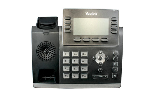 Desk VoIP phone with keypad, speaker, and monochrome display, front view