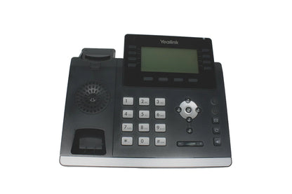 Desk VoIP phone with keypad, handset cradle, and dark LCD screen, front view