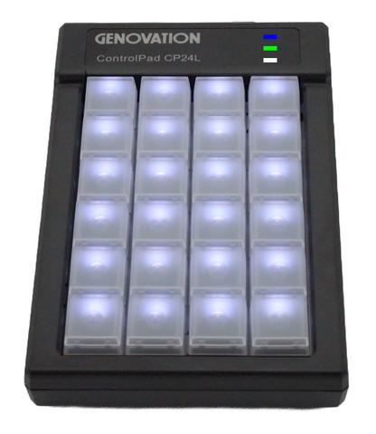 Genovation backlit USB keypad with 16 clear keycaps and blue indicator icons