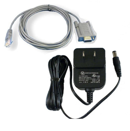 DB9 serial cable kit with gray DB9 connector, black power adapter, and DC cord