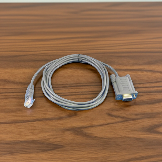 Gray RJ-serial cable with RJ connector and DB9 plug