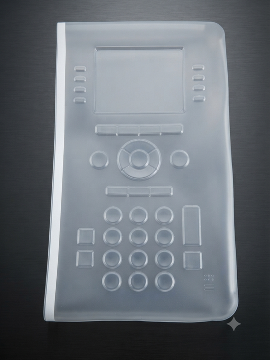 Clear plastic telephone cover with molded button details and cutouts