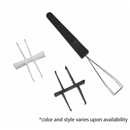 Key puller with black handle, chrome loop, and cross-shaped insert tool pieces