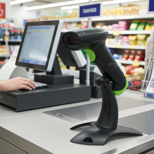 Handheld Bluetooth barcode scanner in black with green accents on base stand
