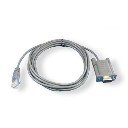 Gray RJ-serial cable with RJ45 plug and blue DB9 connector, bundled.