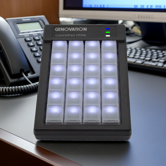 Backlit USB keypad with 16 illuminated buttons, black base and display window